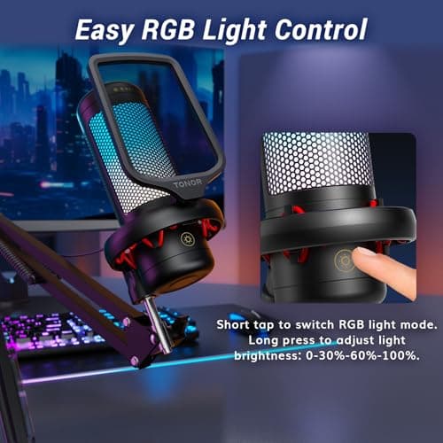 TONOR Gaming Microphone Set with Boom Arm, Vocal Condenser Microphone for PC with Stand, USB Mic with controllable RGB Light, One Tap Mute, Volume Control, for Discord, Twitch Streaming, TC310+ - Thumbnail 4