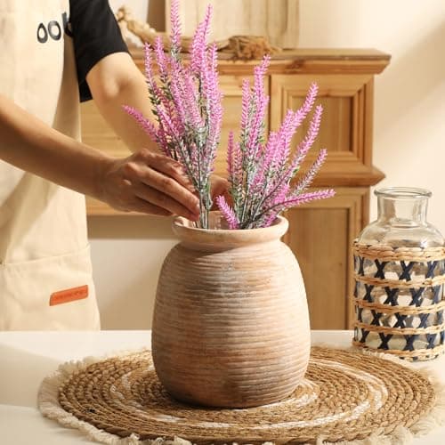 Ceramic Flowers Rustic Vase, Neutral Pottery Farmhouse Vases Home Decor, 7.48" Terracotta Pampas Decorative Vase for Table Entryway Mantel Bookshelf Bedroon Bathroom Living Room - Thumbnail 6