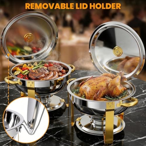 POWERFUEL Chafing Dishes for Buffet 4 Pack, 6QT Round Chafing Dish Buffet Set for Parties, Gold Stainless Steel Buffet Servers and Warmers with 4 Serving Tongs, Food Warmers for Christmas Gatherings - Thumbnail 5
