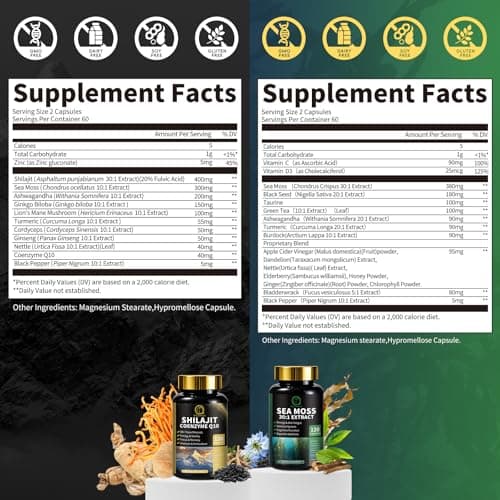 Shilajit for Men, Sea Moss and Shilajit Bundle, All in 1 Supplements with Coenzyme Q10, Black Seed, Ashwagandha, Taurine, Burdock for Energy, Endurance, Antioxidant & Immune Support, 240 Capsules - Thumbnail 2