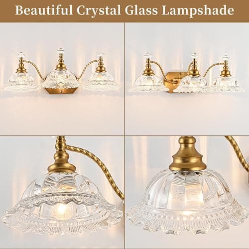 PUAMUBUA Vintage Bathroom Vanity Light Fixtures, 3-Light Brass Light Fixtures Over Mirror with Crystal Glass Flower Shade, Mid Century Farmhouse Wall Mount Lighting for Living Room, Kitchen - Thumbnail 3