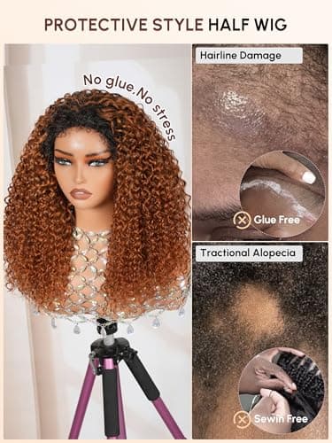 shangyinfa T1B/30 Ombre Half Wig Water Wave Human Hair | 4C Edges + Dark Roots Blend | Drawstring Quick Install | No Glue Fuss | 3B/3C Hair | 3-In-1 Wig | True-to-Length 16 Inch | All-Day Wear - Thumbnail 6
