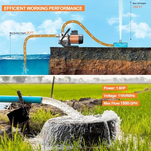 SHANGDA Water Transfer Pump 110V Shallow Well Pump 1.6HP 1800GPH Electric Portable Garden Pressure Booster Pumps for Sprinkler Irrigation Lawn with Adapters, Orange - Thumbnail 3