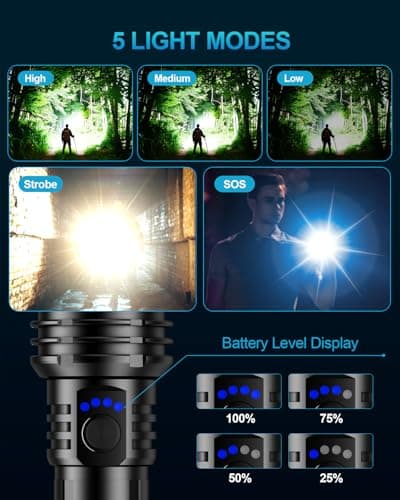 VOLISABER Flashlight 2000 High Lumens, Rechargeable Zoomable LED Tactical Flashlight with Ignition Lens, Emergency Flashlight for Camping Home Security, 5 Modes Waterproof Handheld Flashlights - Thumbnail 4