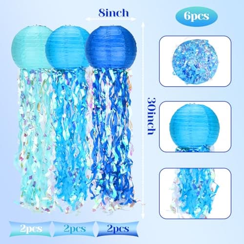 Jellyfish Paper Lanterns,Under The Sea Party Decorations 6Pack with String and Hooks,Hanging Jelly Fish for Mermaid,Ocean Themed,Birthday,Party(Blue 8Inch) - Thumbnail 2
