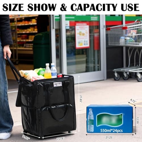 AnsTOP Reusable Grocery Bag on Wheels, 66LBS Foldable Shopping Cart with 5 Smooth Caster Wheels Zippered Top, Rolling Tote with Multiple Pockets for Groceries, Laundry, Travel, Camping,Medium,Black - Thumbnail 4
