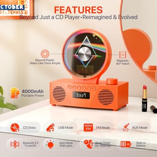 Retro Portable CD Player for Home Decor, CD Player with Speakers, Bluetooth/Battery/Remote, Desktop Vintage CD Players for Kids to Seniors, Combo with Radio/USB Driver/Stereo Sound/AUX/Timer - Thumbnail 2