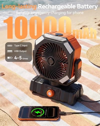 USONE Misting Fan, Portable Camping Fan Rechargeable, Battery Powered Fan for Camping with Light, Remote & Timer, Hanging Tent Fan with Hook for Outdoor fishing, Travel, Work/Summer Essential - Thumbnail 6