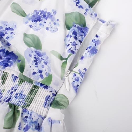 GRACE KARIN Summer Floral Dress for Women 2026,Off the Shoulder Smocked Bridesmaid Dresses,Formal Baby Shower Maxi Dresses White Blue Hydrangea L - Thumbnail 4