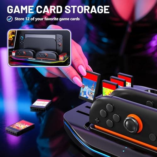 RunSnail Charging Dock for Nintendo Switch 2, Magnetic Fast Charger for 4 JoyCons with RGB Lighting, All-in-One Charging Station with 12 Game Card Storage Slots - Thumbnail 5