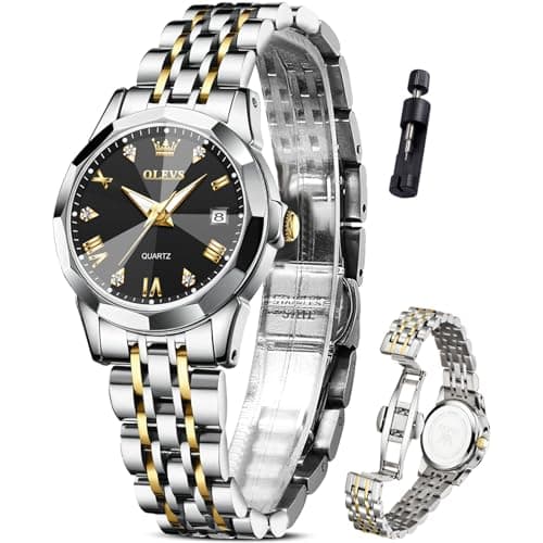 OLEVS Watch Women Black Face Gold and Silver Watches for Women Waterproof Luxury Two Tone Stainless Steel Ladies Watches for Small Wrists Vintage Analog Quartz Womens Watch with Date Reloj para Mujer - Image 1