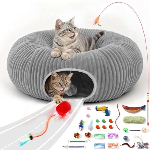 Catails Cat Tunnel Bed with 31 Pcs Interactive Cat Toys, Automatic Cat Toys for Indoor Cats Kittens, Cat Tube with Moving Ball, Grey - Image 1