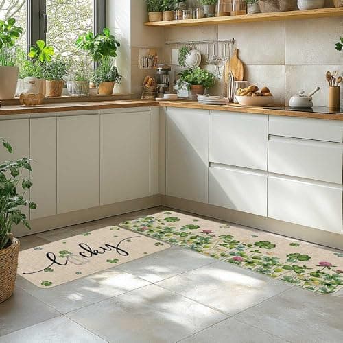 Printspree Lucky Clover Kitchen Rugs Set of 2, Shamrock and Floral Design for Kitchens, Doorways, and St. Patrick's Day Decor, Non-Slip Rubber Backing Floor Mats, 17x29 and 17x47 Inch - Thumbnail 2