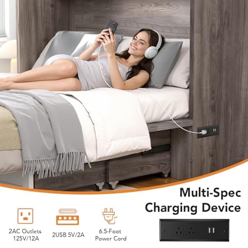janiry Queen Size Murphy Bed with Charging Station，Murphy Bed Cabinets with Foldable Panel for Small Spaces or Bedroom,Office,Grey - Thumbnail 6
