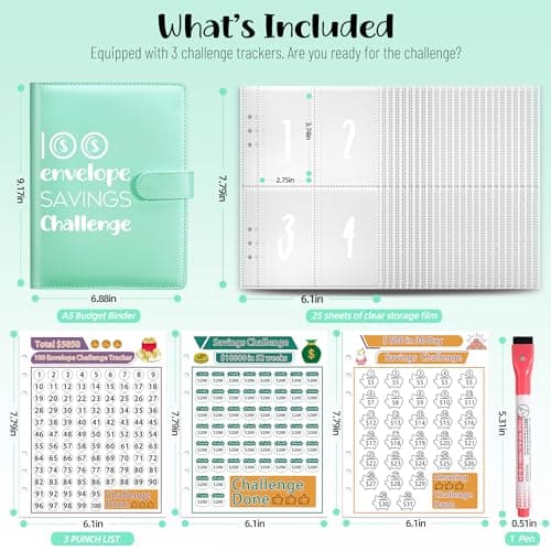 100 Envelopes Money Saving Challenge, A5 Savings Challenges Book Budget Binder with Cash Envelopes Erasable Tracker, Easy and Fun Way to Save $500 $5050 $10000 (BGreen) - Thumbnail 2