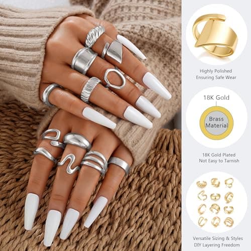 17 MILE 12 PCS Chunky Silver Rings for Women, Statement Open Stacking Rings, Stackable Knuckle Band Ring Set - Thumbnail 5