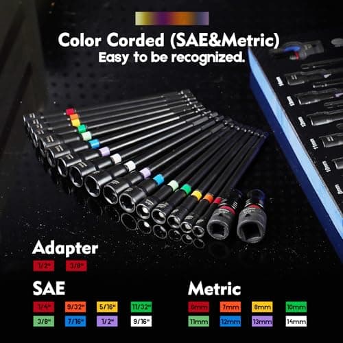 Facoow 6“ Impact Nut Drivers Set Magnetic, 18pcs Color Coded SAE & Metric Impact Nut Drivers, Extra Long Nut Drivers for Impact Drills, Impact Sockets Adapters (1/2" & 3/8") Impact Wrenches - Thumbnail 4