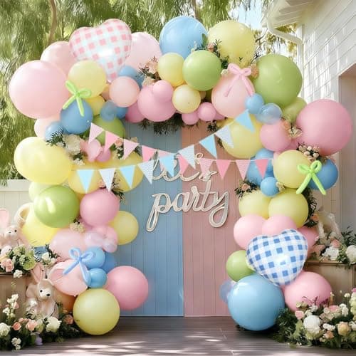 Pastel Balloon Arch Kit Double Stuffed Light Pink Blue Yellow Green Balloon Garland Gingham Heart Foil Balloons for Birthday Baby Shower Gender Reveal Wildflower Tea Party Decorations - Image 1