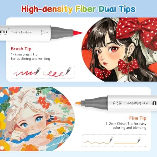 HOTU 50 Colors Alcohol Markers, Brush & Fine Dual Tip Art Markers for Adult Coloring Books, Refillable Alcohol Based Marker Set with Anti-Bleeding Pad, Case & Swatch for Artists, Beginners & Kids - Thumbnail 3