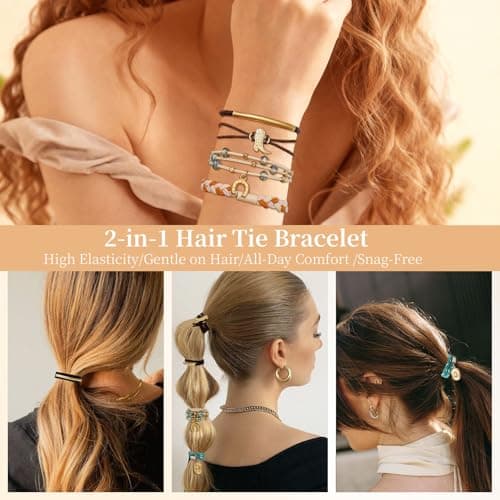 5 Pcs Hair Tie Bracelets for Women, Western Cowboy Hat & Boot Design Boho Hair Ties, No-Pull, No-Damage Elastic Hair Bands for Fine & Thick Hair Ponytail Holders - Thumbnail 5