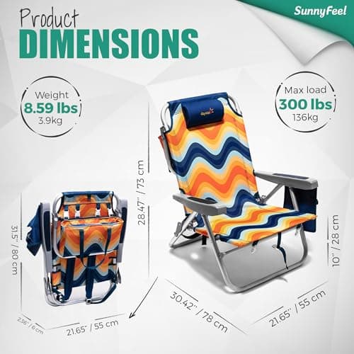 SUNNYFEEL Beach Chairs for Adults 2 Pack 5 Position Lay Flat, Portable Folding Backpack Beach Chair Heavy Duty with Cooler Bag, Cup Holder for Outdoor/Lawn/Picnic, Foldable Camping Chair - Thumbnail 2