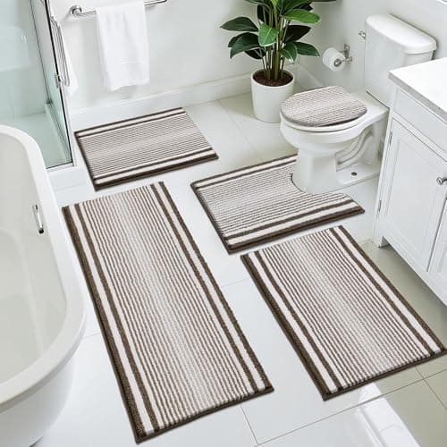 HEBE Chenille Bathroom Rugs Sets 5 Piece,Super Absorbent Non Slip Bath Mats for Bathroom,Washable Bath Mat and U-Shaped Contour Toilet Rug Set for Tub Shower Floor Carpet