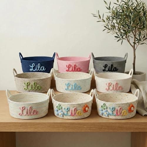 KEQHAULI Personalized Basket with Name – Custom Cotton Rope Storage Bin for Home Organizer, Nursery, Keepsake or Diaper Caddy – Great Gift for Mom, Grandma or New Parents - Thumbnail 2