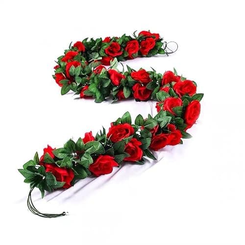 niuniufine 50FT Artificial Flowers Garlands Red 6PCS Silk Rose Hanging Vine with Green Leaves for Wedding Arch Party Christmas Home Decoration Flowers Arrangement - Thumbnail 3