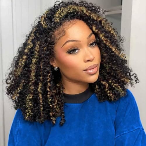 Kinky Curly Half Wig Human Hair 250% Density Wear Go Glueless Wigs Human Hair Curly 3 In 1 Half Wigs for Women Drawstring Seamless Flip Highlight Blonde Headband Wig Beginner Friendly (16 Inch) - Thumbnail 6