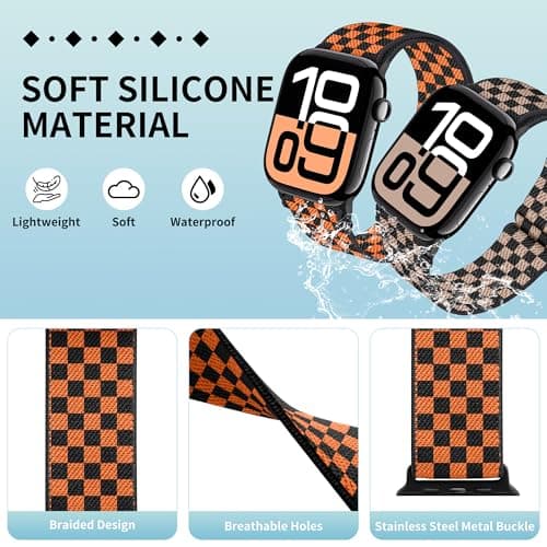 XSMDAJDTXZ 2 Pack Stretchy Solo Loop Compatible with Apple Watch Band 40mm 41mm 44mm 45mm 46mm 49mm 38mm 42mm Women Men, Sport Nylon Elastic Straps Braided Wristbands for iphone Watch Series 11 10 9 8 7 6 5 4 3 Ultra SE (blackrose/orange, 38mm/40mm/41mm/42mm(Series 10)) - Thumbnail 3