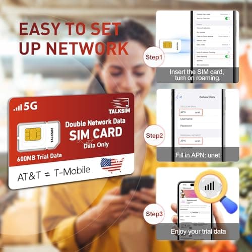 TALKSIM US Prepaid SIM Card, Data Only SIM Card Support AT&T, T-Mobile Network, Data Plans Starting at $4/mo, Nation-Wide 4G LTE/5G Coverage, 600MB Data Trial, No Contract - Thumbnail 4