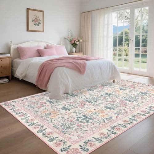 Pink Rugs for Bedroom Girls: Floral 5x7 Washable Area Rug for Nursery Kids Room Living Room Boho Decor - Soft Non-Slip Non-Shedding Carpet - Thumbnail 3