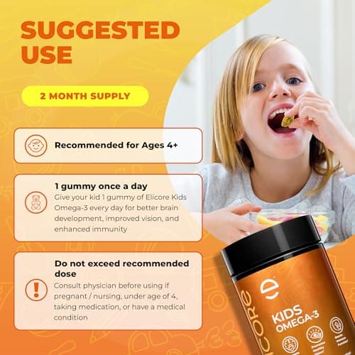 ELICORE Kids Omega 3 Gummies – Fish Oil for Kids Orange Flavor – Omega 3 Gummies for Children – No Fish Burps – Brain, Eye & Immune Support – 2 Month Supply - Thumbnail 6