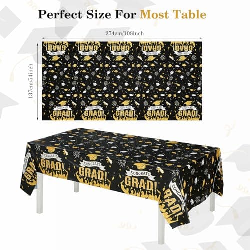 Accevo Graduation Decorations 2026, 108" X 54" Graduation Tablecloth, Black Gold Rectangle Class of 2026 Table Cloths, Disposable Plastic Congrats Grad Tablecover for Grad Party Supplies, 2 Pack - Thumbnail 2