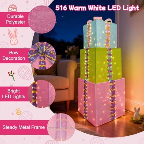 Large Lighted Easter Gift Boxes Decorations, 27" Pink 23" Green 19" Blue 516 Warm White LED Easter Present Boxes with Cute Bows, 3PCS Light Up Box Decor for Spring Party Indoor Outdoor Home Holiday - Thumbnail 5
