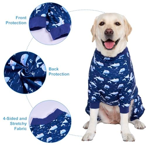 LovinPet Large Dog Outfit, Dog Onesie for Surgery, Large Breed Dog Pajamas, Lightweight Navy Whale Print, Pet Pajamas for Dogs, UV Protection Shirt for Dogs, Pitbull Clothes,Blue, XL - Thumbnail 4