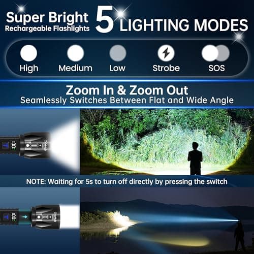 TrixHub Rechargeable LED Flashlights High Lumens 2Pack, Super Bright Zoomable Handheld Flash Light with LCD Digital Display, Powerful Emergency Linternas, Waterproof, Long Lasting, for Hiking Camping - Thumbnail 3