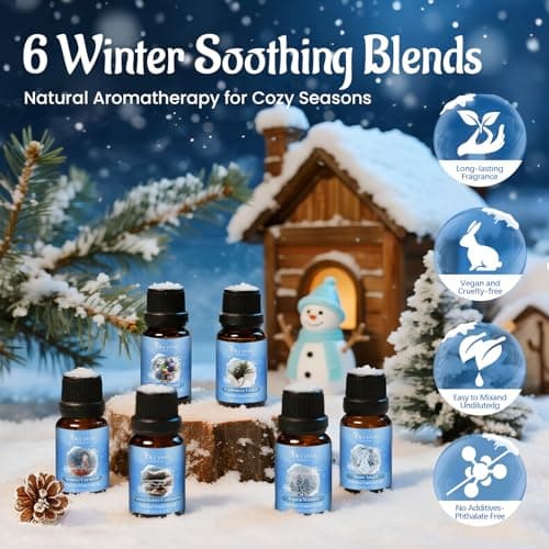 Winter Essential Oils Set, 6 Premium Holiday Fragrance Oil for Diffuser, Candle & Soap Making, Frozen Magic, Winter Wonderland, Hot Cocoa, Frosted Fir, Warm Sweater, Log Fire, Scented Oils for Home - Thumbnail 2