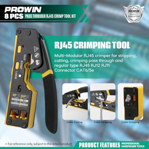 Prowin Pass Through RJ45 Crimper Kit with Cable Tester, Ethernet Crimping Tool for Cat5 Cat5e Cat6 Cat6a & RJ11 RJ12 Connectors (Includes Stripper, Blades) Professional Network Tool Set - Thumbnail 4