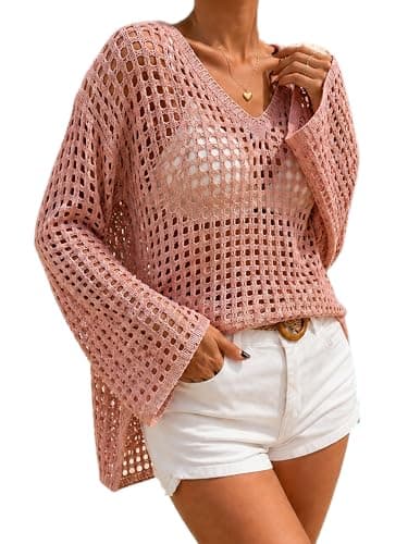 Veyra Flux Women's Lightweight Summer Sweaters Crochet Tops Casual Beach Cover Ups Swim Suit Cover Up Mesh Top for Vacation（S,Pink） - Image 1
