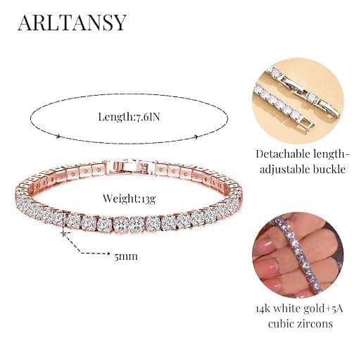 14K White Gold Plated 5mm Cubic Zirconia Tennis Bracelet for Women and Men, Classic Silver Diamond Tennis Bangle Bracelets, Adjustable Detachable 7.6IN Length, Suitable for Everyone (Rose Gold) - Thumbnail 3