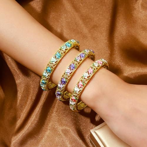 FIVESWEET Trendy 18K Gold Plated Bangle Bracelets Set for Women, Enamel Craft Jewelry-Floral Element , Retro Fashion Palace Style, Zinc Alloy with Rhinestones, 2.4Inch Diameter Fits Most Adults, Perfect Jewelry Gift Idea for Her, Girlfriend, Wife, Mom, Sister, Lover on Birthday, Christmas, Valentine's Day, Mother's Day (3, 3PCS-Floral-Tulip) - Thumbnail 4