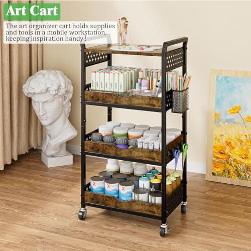 MJIMKE 4-Tier Utility Rolling Cart with Wheels - Kitchen Organizations and Storage Metal Cart, Detachable Fruits Coffee Snacks Art Craft Storage Cart for Bathroom, Pantry & Laundry, Black - Thumbnail 6