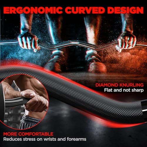 TEEMOO Olympic EZ Curl Barbell Bar, 47" Curl Bar with 2 Spring Collars, Curling bar for Weight Lifting, Squat, Hip Thrusts, Biceps, 500lb Weight Capacity, E-Coat Finish for 2 inch Weight Plates (Black) - Thumbnail 2