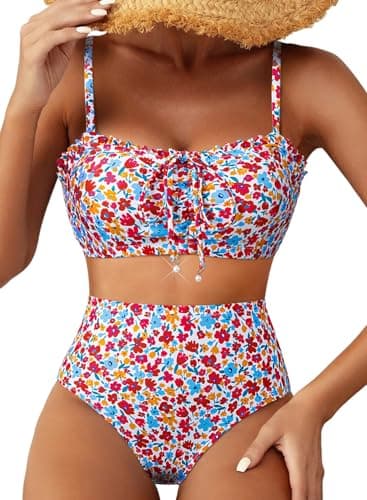 Herseas Women Two Piece Bikini Sets Floral Print Lace Up Front Top Wire Free Swim Suits Ruched Ruffle Trim Moderate Coverage 2026 Summer Bathing Suit Cruise Essentials Bright Multicolor Floral Medium - Image 1