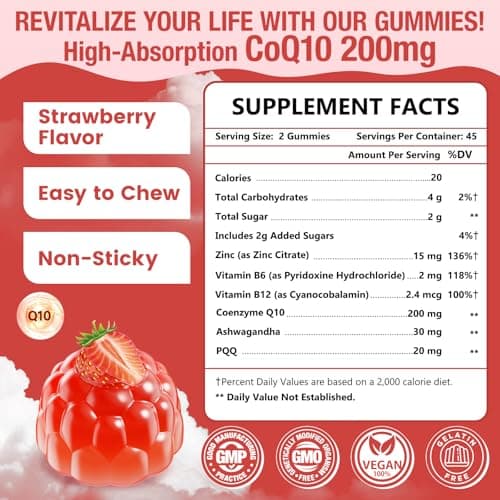 NATURE TARGET CoQ10 Gummies 200mg – High Absorption Coenzyme Q10 Supplements for Heart, Energy & Antioxidant with PQQ，Zinc & Ashwagandha, Strawberry Flavor, 90 Count - Thumbnail 2