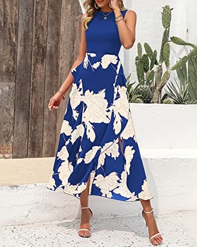 BTFBM Summer Dresses for Women 2026 Casual Spring Floral Sleeveless Ruffle Boho Cocktail Wedding Guest Party Midi Dress(White Floral Bright Blue, Medium) - Thumbnail 2