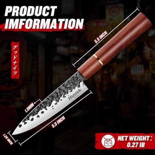 Huusk Japanese Paring Knife 5", Hand Forged Fruit Knife, High Carbon Steel Utility Kitchen Knives, Japanese Petty Chef Knives with Rosewood Handle, Small Peeling Knifes for Vegetable, Christmas Gifts - Thumbnail 6