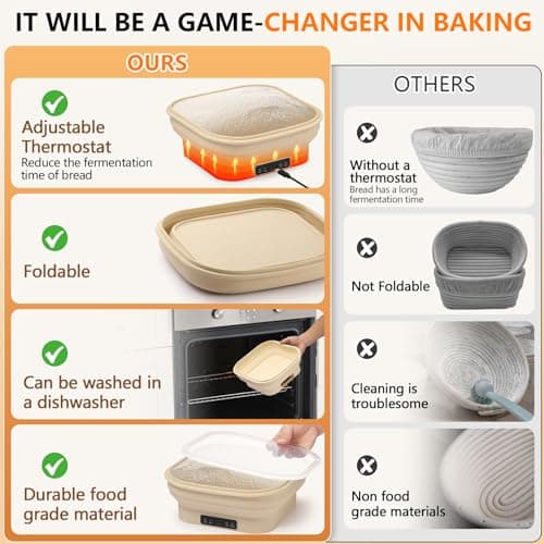 Upgrade Heating Sourdough Bread Proofing Basket Set, Electric Thermostatic Silicone banneton bread proofing basket,Sourdough bread baking supplies,11 Inch Square Foldable Sourdough Proofing Bowl - Thumbnail 5