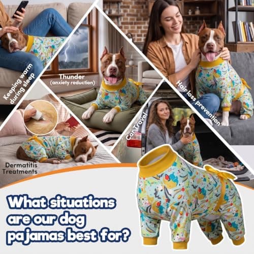 LovinPet Dog Onesies for Large Dogs - Mint Outer Space Print, Wound Care and Post Surgery Onesie, UV Protection Fabric, Pet Anxiety Relief Shirt, Pet PJ's,Yellow 3XL - Thumbnail 5